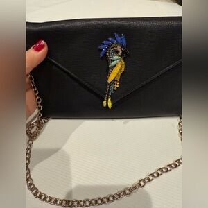 Vintage La Regale Chic Black Mini Bag with Parrot Rhinestone Accent